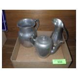 VINTAGE PEWTER PITCHERS & TEAPOT (SOME DENTS - >>>