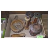 VINTAGE WOODEN SPOOLS, SHOE FORM, NUT DISH, ETC
