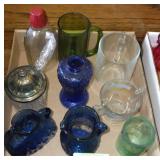 VINTAGE BLUE GLASSWARE (PITCHER, OIL LAMP BASE, >>