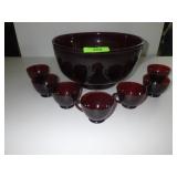 VINTAGE HAND BLOWN RUBY RED PUNCH BOWLS W/ 7 CUPS