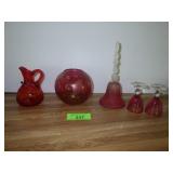 VINTAGE CRANBERRY ETCHED ROSE BOWL, CADMIUM CRUET>