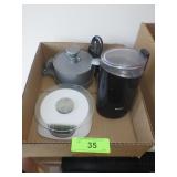 KRUPS COFFEE GRINDER (TURNS ON), HAMBURGER PRESS>>