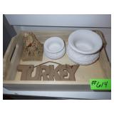 POTTERY TURKEY SIGN, UNPAINTED POTS, ROOSTER>>