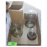 3 GLASS DOMES (2 W/ METAL BASES, 1 W/ WOOD)