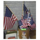VTG BURLAP-WRAPPED WASTE BASKET & ASST PARADE FLAG