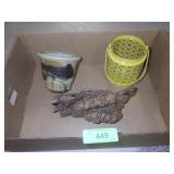 BURLED WOOD SCULPTURE, POTTERY PLANTER,>>>