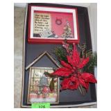 VTG HANDMADE CHRISTMAS FRAMED ART & CHRISTMAS PICK