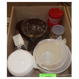 MEASURING CUPS, SCALE, FIRE KING BOWL STORAGE>>