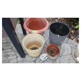TERRA COTTA PLANTER, 3 PLASTIC PLANTERS, RESIN? >>