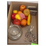 ASST FAUX FRUIT IN WOODEN BOWL, COASTERS, VASE,>>