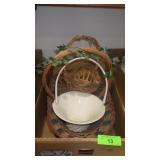 WICKER BASKET W/ WOOD BOTTOM, CERAMIC BASKET>>>