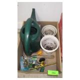 CERAMIC PLANTERS, WATERING CAN, GARDEN RAKE, >>>