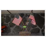 TWO VINYL PARADE FLAGS IN LOG HOLDER
