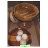 TWO HAND-TURNED WOODEN BOWLS & WOODEN BALLS