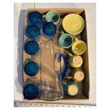 Stoneware tea cups and cobalt pitcher set