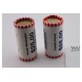 Two Rolls of $25 each Presidential Uncirc. Coins