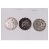 Three 1950 Franklin Silver 1/2 Dollars