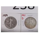 1939 & 1941D Walking Liberty Half Dollars