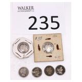 Six 1916 Barber Silver Dimes