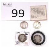 Four Silver Barber Quarters