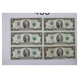 Six 2003 Circulated $2 Bills