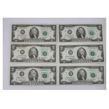 Six 2003 Circulated $2 Bills