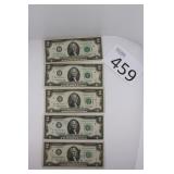 Five 1976 Circulated $2 Bills
