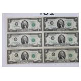 Six 1976 Circulated $2 Bills