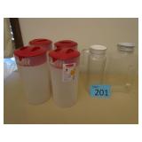 4 Rubbermaid Pitchers & 2 Glass Containers