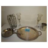 Large Silver Plated Platter, Glass Candle Holders