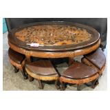 Asian Hand Carved Wood Table & 4 Stools