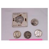 Five Silver Washington Quarters