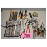 Box of Tools, 3/8 Ratchet and Sockets, Tape Msr,
