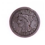 1843 Braided Hair Large Cent Coin