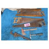 Four Old Vintage Hand Saws, Ax, Hammer Combo,