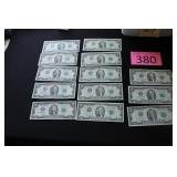 Thirteen Two Dollar Bills