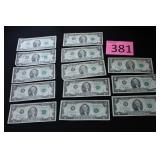 Thirteen Two Dollar Bills