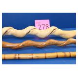 Three Wood Carved Walking Sticks/Canes