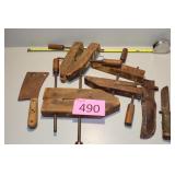 Three Vintage Wood Clamps, Chopping Tool,