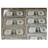 Thirteen Blue Seal One Dollar Silver Certificates