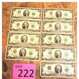 Nine $2 Dollar Bills