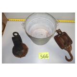 Vintage Pulleys and Metal Bucket