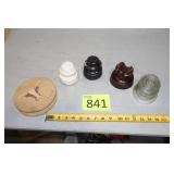 Four Vintage Insulators and Hamburger Press