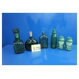 Five Vintage Green Glass Liquor Bottles