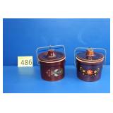 Two Brown Glazed Hand Painted Butter Crocks