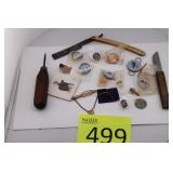 Vintage Lapel Pins, Razor, Primitive Tools