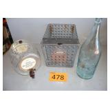 Metal Basket, Glass Dispenser, Collectible Bottles