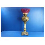 Victorian Era Brass / Cranberry Glass Banquet Lamp