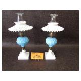 Pair of Opalescent Blue Coal Oil Table Lamps