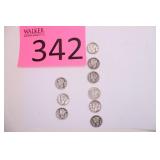 Nine Mercury Dime Coins